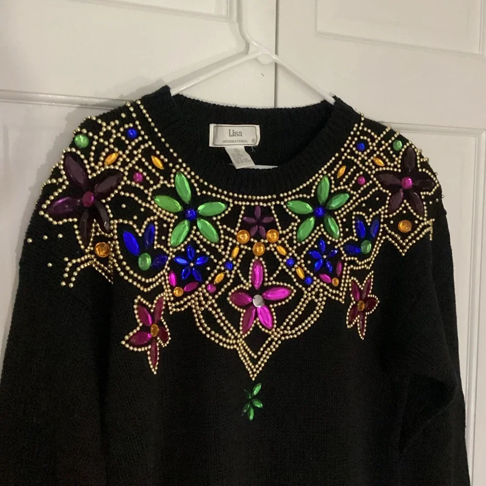 VTG 80s Lisa Black Bejeweled Colorful Beaded Chunky Sequin Sweater Black M - Picture 3 of 5